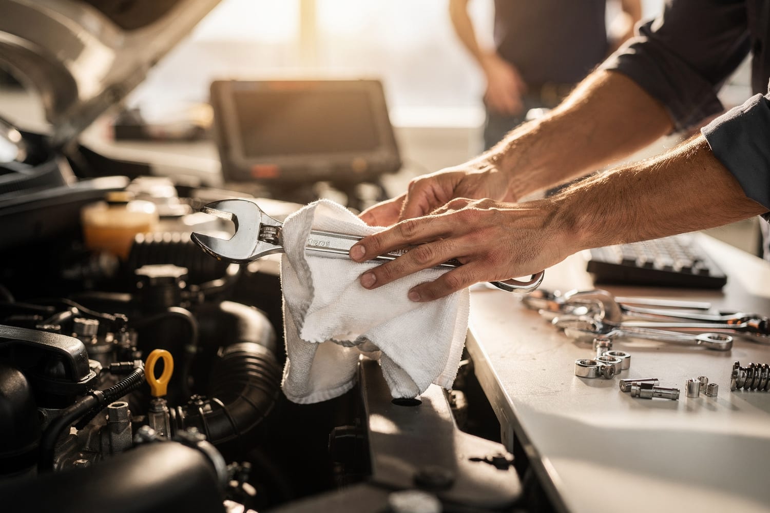 A technician wiping down a wrench beside an open engine bay at E & J